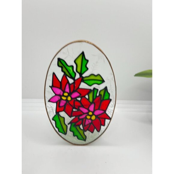 Stained Glass Poinsettia Oval Panel Candle Holder Decor On Textured Glass - Picture 4 of 10